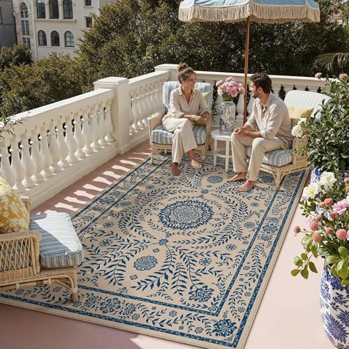 HUGEAR 5x7 Vintage Jute Outdoor Indoor Rug Washable Linen Textured Weave High Traffic Stain Resistant Non Slip Durable Carpet for Livingroom Patio Deck Balcony Courtyard (Floral Blue, 5' x 7') - color: Floral / Blue, size: 5'x7' (Rectangular)