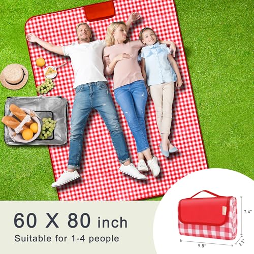 SAMSIER Outdoor Picnic Blankets Waterproof Foldable Sandproof, Large Gingham Cute Picnic Mat Washable Portable for Park Beach Camping Courtyard (Red, 60"×80") - color: Red, size: 5' x 6'8" (Rectangular)