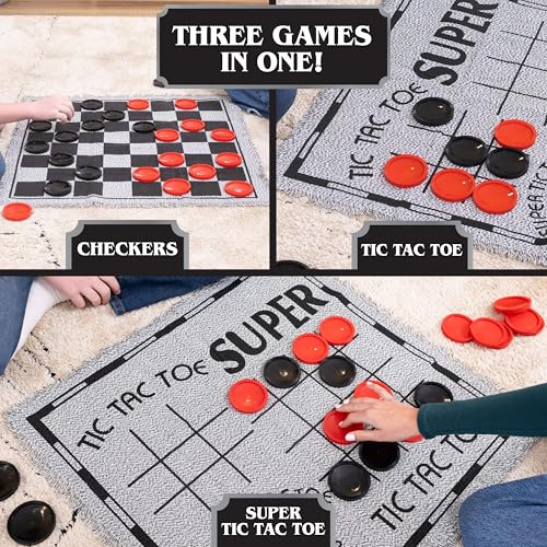 3-in-1 Vintage Giant Checkers Set, Tic Tac Toe with Reversible Mat, 24 Jumbo Chips, Family Board Game, Lawn Game, BBQ Party Favor, Indoor and Outdoor Activity for Kids and Adults