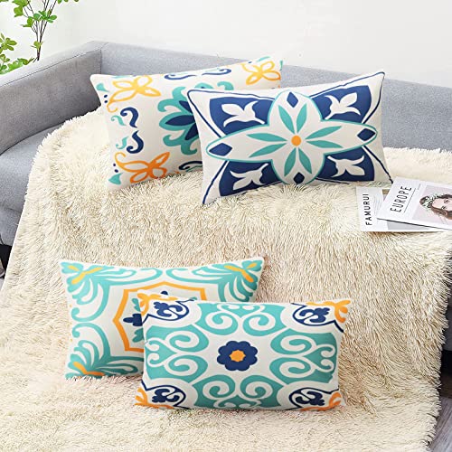 Pyonic Outdoor Waterproof Throw Pillow Covers Set of 4 Floral Printed and Boho Farmhouse Outdoor Pillow Covers for Patio Funiture Garden 12x20 Inch Blue - color: Blue, size: 20" x 12" (Pack of 4)
