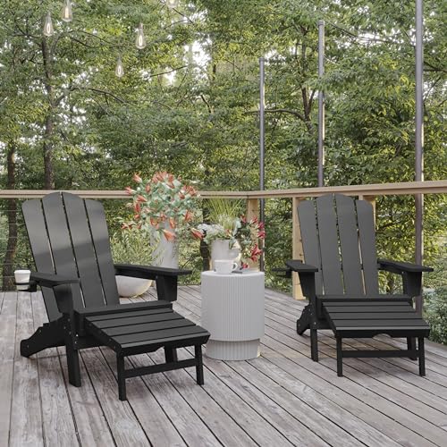 Flash Furniture Newport Adirondack Cup Holder and Pull Out Ottoman, All-Weather HDPE Indoor/Outdoor Lounge Chair, Set of 2, Gray - color: Grey, size: Set of 2