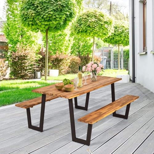 HAPPYGRILL Outdoor Picnic Table Bench Set with Wood Top & Steel Frame, Patio Dining Picnic Table Set with Umbrella Hole for Garden Backyard