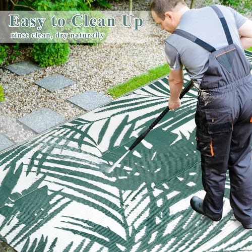 famibay Tropical RV Outdoor Rug All Weather Reversible Patio Rugs Outdoor 8x10 Waterproof Plastic Camping Rug Tropical Outdoor Rugs for Patio Deck Canping (Green) - color: Green & White, size: 8' x 10'