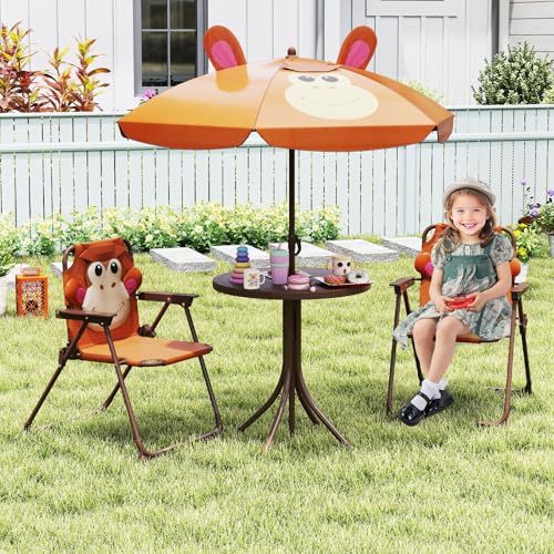 Costzon Kids Picnic Table, Kids Outdoor Table with 2 Folding Chairs, Height Adjustable Umbrella, Portable Children Outdoor Furniture for Patio, Garden, Backyard (Brown) - color: Brown Monkey