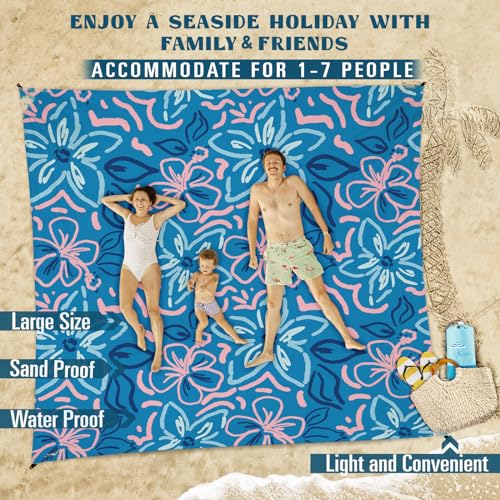 Famstar Beach Blanket Sandproof Waterproof 78''×110'' 1-7Adults Oversized,Compact Lightweight Durable Beach Mat for Travel Camping Hiking Picnic Blanket - color: Blue Flower, size: 78''×110''