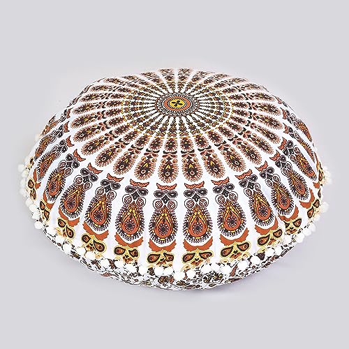 Indian Consigners Floor Cushion Covers 22" Round Mandala Ombre Zipped Ottoman Cover - color: Yellow-brown
