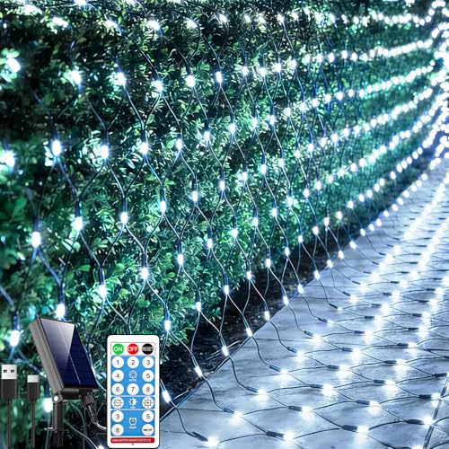 Lovelite 11.5ft x 5ft Solar Net Lights Outdoor, 240LED Christmas Mesh Lights Solar & USB Powered, Waterproof String Lights 8 Modes Green Wire for Bushes Patio Garden Holiday Party Decor (Cool White) - color: Cool White, size: 11.5ftx5ft (Green Wire)