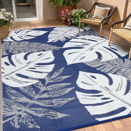 Garvee Outdoor Rug Waterproof 10x20 Reversible Mat Leaf Tropical Patio Rug with 4 Stakes and Starage Bag Portable Outdoor Area Rug for Camping Porch Deck Rv Balcony Backyard Beach, Grey - color: Leaf|navy&white, size: 10' x 20' (Rectangular)