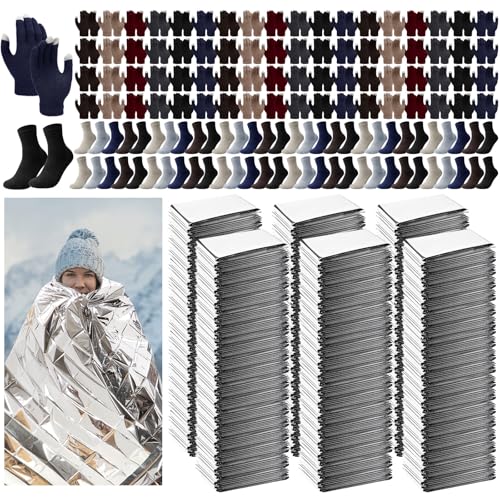 180 Pcs Homeless Care Package Supplies Bulk Winter Emergency Thermal Blankets Warm Socks Touchscreen Gloves Space Blanket Survival for Cold Weather Outdoor for Men Women(Multi-Color) - color: Multicolor