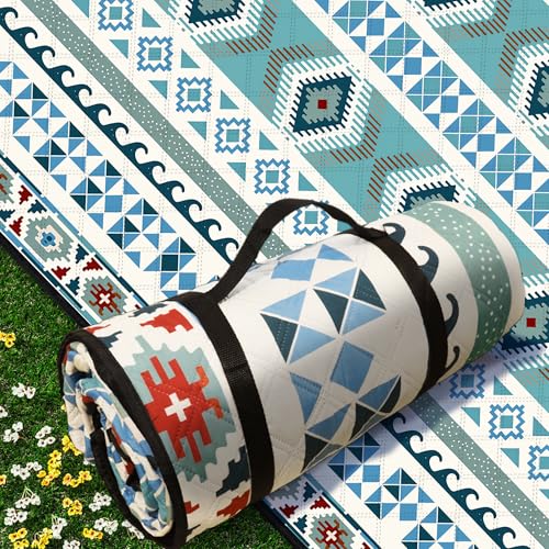 SAMSIER Large Outdoor Picnic Blankets Waterproof Foldable, Beach Blanket Sandproof Portable, Picnic Mat Washable for Camping (80"×80", Thickened) - color: Green Blue, size: 6'8" x 6'8" (Square)