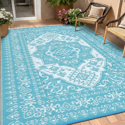 GarveeHome Outdoor Patio Rug 9x12 Outdoor Rug Waterproof Reversible Mat Carpet, Vintage Boho Rug Large Outdoor Plastic Straw Rug for Patio Deck Balcony Pool RV Camping Beach Picnic Blue&White 9'x12'