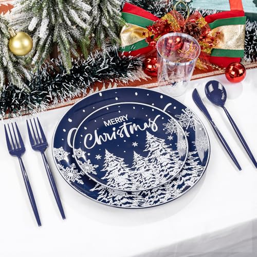Supernal 150pcs Blue Christmas Plastic Plates - Christmas Party Tableware Set Include Blue Plastic Plates with White Xmas Trees, Heavy Duty Silverware Disposable, Silver Cups for New Year - color: 150pcs Blue and White Christmas Plastic Dinnerware Set