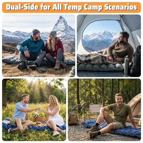 4" Thick Double-Sided Inflatable Sleeping Pad | Warm Crystal Velvet Top for Cold Weather, Waterproof Nylon Bottom | All-Season Camping Mattress for Backpacking, Hiking, Tent & Car Travel - color: Crystal Velvet Grey+blue Nylon