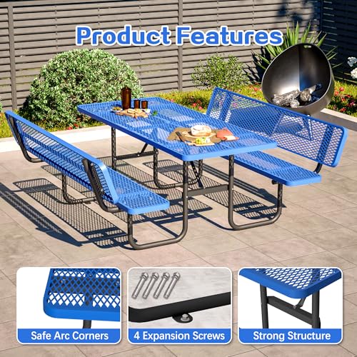 72" Rectangular Metal Picnic Tables for Outdoors with Backrest Seats Umbrella Hole - Coated Steel Heavy Duty Commercial Grade Table, Patio Rectangular Furniture Set for a Lifetime, Blue - color: Blue-backrest