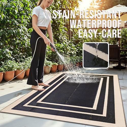 OLANLY Outdoor Rug 4x6 ft Waterproof, Reversible Outdoor Plastic Straw Rug, RV Mat, Indoor Outdoor Carpet Clearance for Patio, Camping, Balcony, Deck, Backyard, Black & Beige - color: Black & Beige, size: 4' X 6' (Rectangular)