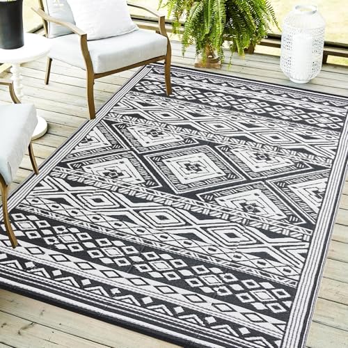 YONILE Outdoor Rug 9x12 ft Waterproof, Reversible Outdoor Plastic Straw Rug for Patios Clearance, Outdoor Area Rug Carpet RV Mat for Camping Backyard Deck Porch - color: Black&white- Geometric, size: 9x12ft