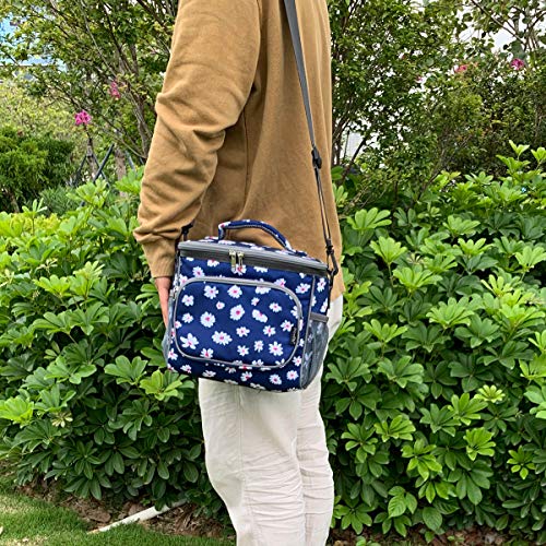 FlowFly Insulated Reusable Lunch Bag Adult Large Lunch Box for Women and Men with Adjustable Shoulder Strap,Front Zipper Pocket and Dual Large Mesh Side Pockets,Daisy - color: Daisy