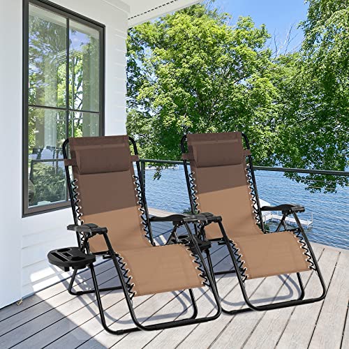 Giantex 2 PCS Zero Gravity Chair Patio Chaise Lounge Chairs Outdoor Yard Pool Recliner Folding Lounge Chair with Cup Holder (Beige) - color: Tan, size: 1 Count (Pack of 2)