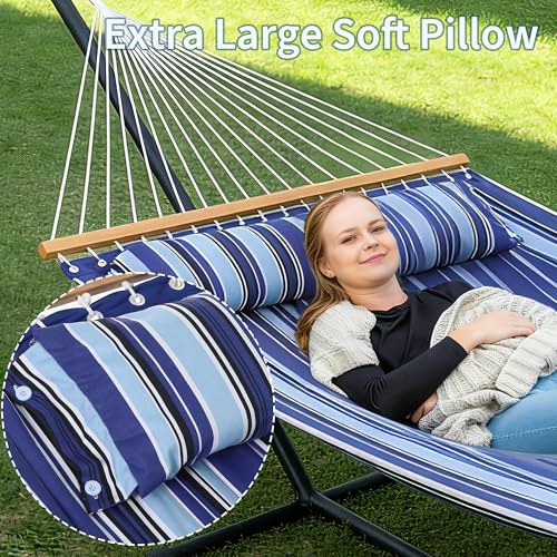 GarveeHome 2 Person Hammock with Stand, Heavy Duty Hammock with Carrying Bag, Soft Pillow, 475 lbs Capacity, Freestanding & Portable for Patio, Garden, Camping, Blue - color: Widen--blue
