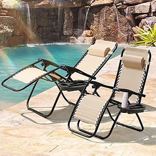 Homall Zero Gravity Chairs - Adjustable Folding Lawn Lounge Chairs with Pillows for Poolside, Backyard and Beach - Set of 2 (Cream-Coloured) - color: Beige, size: 2 PCS