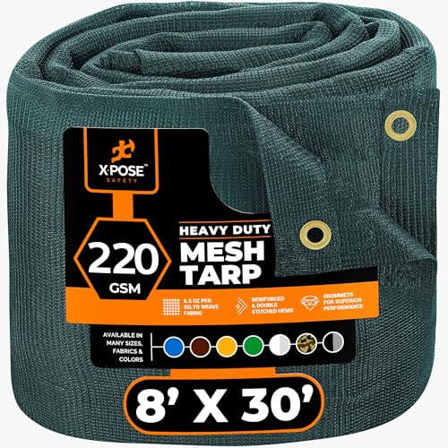 Xpose Safety Heavy Duty Green Mesh Tarp 8' x 30' – 70% Sunblock Shade Cloth with Grommets for Garden, Fence, Privacy Screen, Canopies, Dump Trucks, Pool Cover – Tear & Weather Resistant - color: Green, size: 8' x 30'