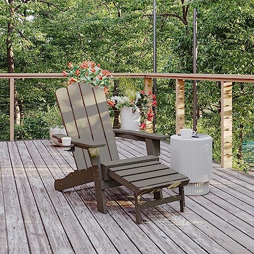 Flash Furniture Newport Poly Resin Adirondack Chair with Cup Holder and Pull Out Ottoman, All-Weather Poly Resin Indoor/Outdoor Lounge Chair, Brown - color: Brown, size: 47.25" - 33.25"dx33.75"wx35.75"h