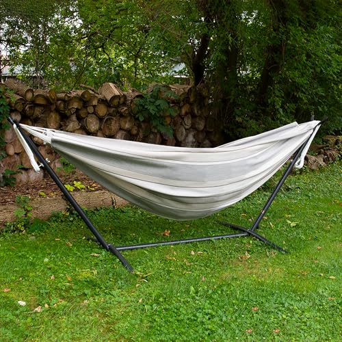 Vivere Double Sunbrella Hammock with Space-Saving Steel Stand, Heavy-Duty Portable Outdoor Hammock Set for Backyard, Patio, or Travel, Dove - color: Dove