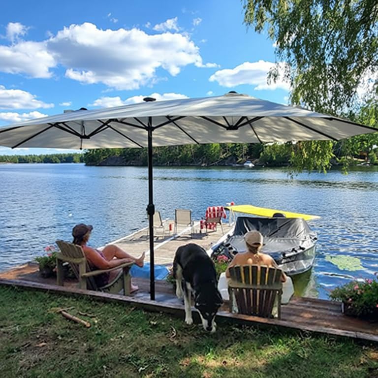 PURPLE LEAF 15ft Patio Market Umbrella with Base Double-Sided Rectangle Outdoor Table Sun Umbrellas with Crank 12 Heavy Duty Sturdy Ribs for Pool Beach Deck Backyard Cream - color: Cream, size: 15' X 9'
