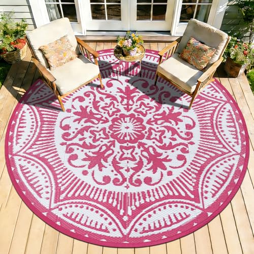 Capslpad 6x6 Floral Outdoor Rug for Patio Clearance Reversible Mat Round Portable Plastic Straw Carpet Waterproof Boho Indoor Outside Area Rugs for RV Camping Picnic Balcony Beach Deck, Pink - color: Pink, size: 6' (Round)