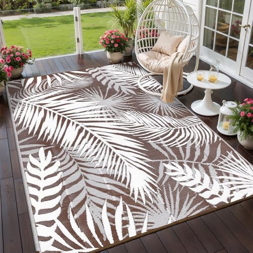 HiiARug Outdoor Rug 6x9Ft Outdoor Plastic Straw Rug Waterproof Outdoor Rugs for Patios Clearance Large Reversible Patio Mat Outdoor Area Rug for Patios Deck Beach RV Camper Backyard,Brown&White - color: Brown, size: 6' x 9' (Rectangular)
