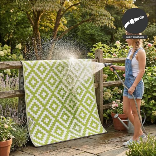 FH Home Outdoor Rug - Waterproof, Fade Resistant, Reversible - Premium Recycled Plastic - Geometric - Large Patio, Deck, Sunroom, Camping, RV - Aztec - Green & White Crease Free - 6 x 9 ft - color: Aztec - Green & White, size: 6' x 9' (Rectangular)