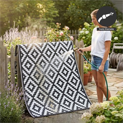 FH Home Outdoor Rug - Waterproof, Fade Resistant, Reversible - Premium Recycled Plastic - Striped - Large Patio, Deck, Sunroom, Camping, RV - Brittany Stripe - Black & White Crease Free - 5 x 8 ft - color: Brittany - Black & White, size: 5' x 8' (Rectangu