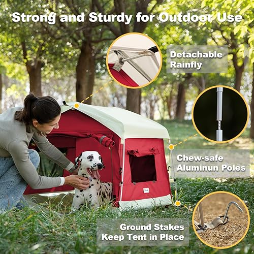 Dog Tent Cotton Fabric, Aluminum Poles and Camping Mat, Outdoor Weatherproof, Dog House Outdoor, Breathable with 2 Side Windows, Portable and Collapsible (Red, Large) - color: Red, size: Large, 39.4''L x 31.5''W x 26.4''H