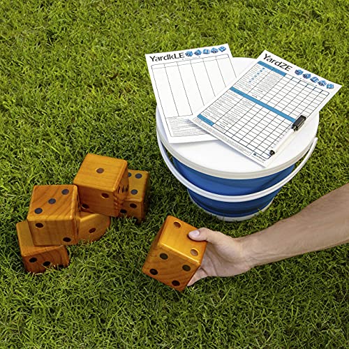 GETMOVIN SPORTS Stained Yardzee and Yard Farkle Dice Set (All Weather) Roll Bucket and Scorecard - Includes 6 Dice, Dry Erase Scorecard W/Marker, Roll Bucket, Lid for Storage (Dark Stain)