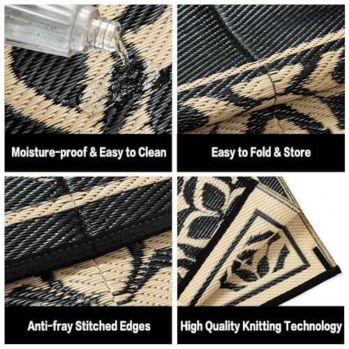 PureCozy Outdoor Plastic Straw Rug Black Beige Large Outside Waterproof Outdoor Patio 6x9 Carpet Geometric Reversible Mat Modern for Camping RV Porch Deck Balcony Beach - color: Geo | Black Beige, size: 6' x 9' (Rectangular)