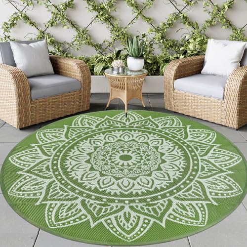 famibay Round Outdoor Rugs for Patios 8ft Boho Plastic Outdoor Rug Waterproof Reversible Circle Outside Rugs Lightweight Portable All Weather Outdoor Carpet for Patio Backyard Porch(Yellowish Green) - color: Yellowish Green, size: Round 8ft
