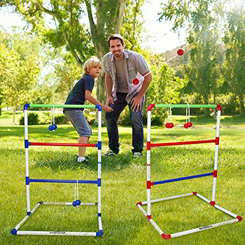 Ladder Toss Outdoor Game Set - Win SPORTS Indoor Ladder Ball Toss Game with 6 Weighted Bolos, Carrying Case and Sand Weighted PVC Piping,Games for Adults, Kids, Family