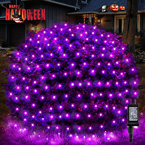 BlcTec Halloween Net Lights, 200 LED 8.4ft x 5.2ft Purple Halloween Lights with 8 Modes, Timer, Connectable, Waterproof and Green Wire Design for Trees, Bushes Outdoor Decorations - color: Purple, size: 200LED