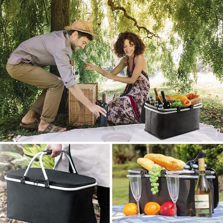 Foldable Insulated Picnic Basket 30L 31.7 QT Large Capacity Cooler Tote with Double Handles Thermal Shopping Basket for Picnic Camping Beach Travel Outdoor Use