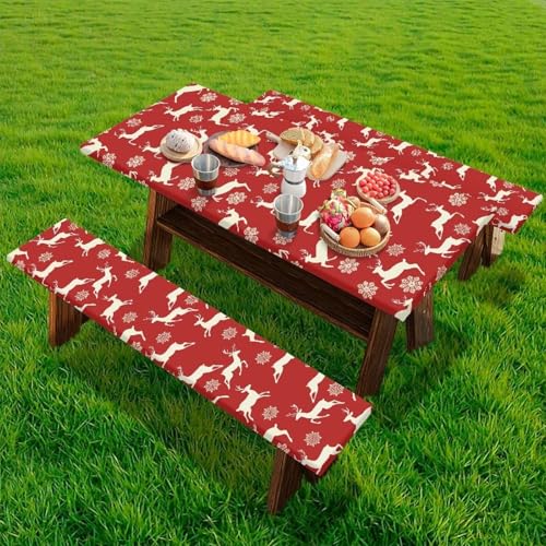 Xmas Picnic Table Cover with Bench Covers 3 PCS Christmas Reindeer Snowflake Fitted Picnic Table Cover for Outdoor Camping Accessories - color: Christmas Reindeer Snowflake, size: Small