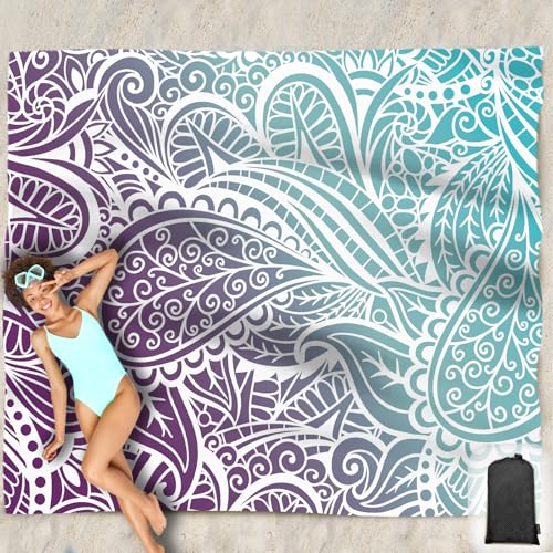 Beach Blanket Waterproof Sandproof Oversized 95”x 80”,Sand Free Beach Mat with Corner Pockets,Portable Mesh Bag for Beach Festival,Picnic,Travel and Outdoor Camping (Ombre Purple Blue) - color: Ombre Purple Blue