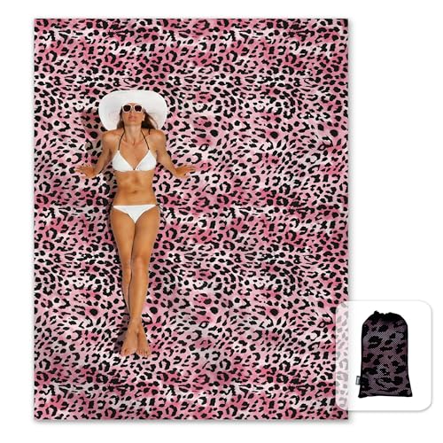 Sunlit Large Cheetah Beach Blanket Waterproof Sand Proof, 81" x106" Sand Free Beach Mat with Corner Pockets and Storage Bag, for Travel Beach Camping Outdoor Festival, Black Pink Leopard - color: Black Pink