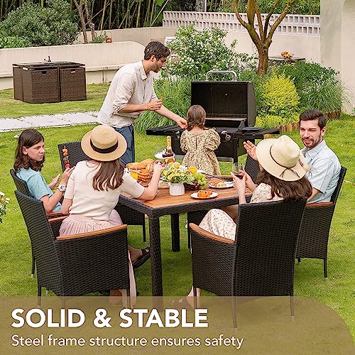Devoko Dining 7 PCS Furniture, Patio Conversation Set with Acacia Wood Table Top, Outdoor, Beige Cushion and Black Rattan - color: Black, style: 7 Piece Dining Set