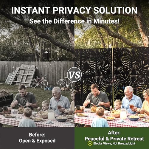 Metal Privacy Screen Outdoor – 72in Decorative Laser Cut Steel Garden Divider Panel with Tropical Leaf Design, Weatherproof Freestanding Modern Privacy Fence for Patio, Deck, Backyard & Balcony - color: Black & Tropical Plants