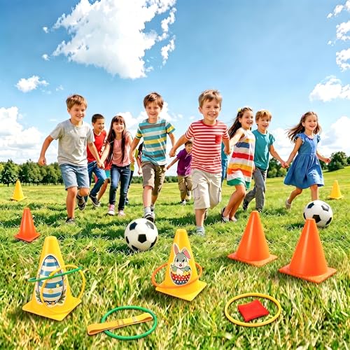 4-in-1 Plastic Carnival Party Games Set,Includes Ring Toss Games, Bean Bag Toss Games, Cones & 3-Legged Race Games, Sports & Outdoor Game Toys for Backyard, Birthday & Family Party