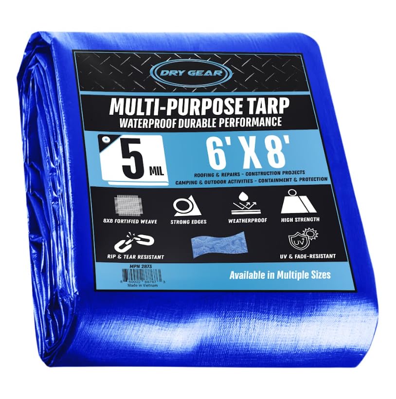 Tarps 6x8 Blue Tarp Waterproof – 5 MIL Thick Tarpaulin Outdoor Cover - Multipurpose Protection Poly Tarp for Camping, Tent, Roof, Patio, Pool, Floor, Furniture, Boat, Truck Beds, Pack of 1 - size: 6x8