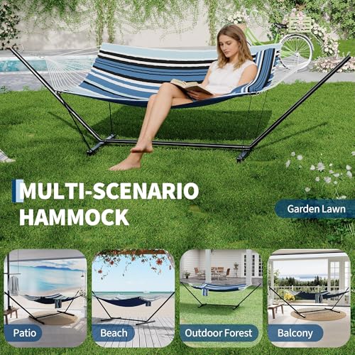 KYBOLT 2 Person Double Hammock with Stand & Pillow, 450 LBS Heavy Duty Outdoor Hammock with Balance Rope for Patio Backyard Poolside
