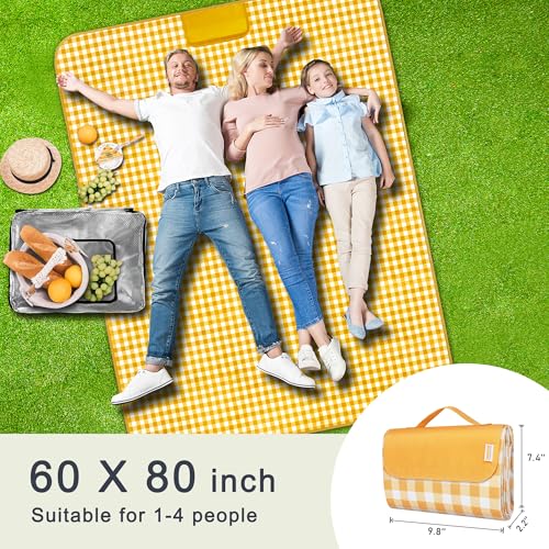 SAMSIER Outdoor Picnic Blankets Waterproof Foldable Sandproof, Large Gingham Cute Picnic Mat Washable Portable for Park Beach Camping Courtyard (Yellow, 60"×80") - color: Yellow, size: 5' x 6'8" (Rectangular)