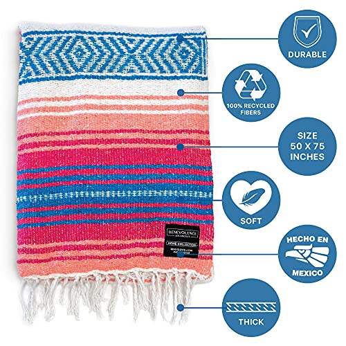 Benevolence LA Authentic Handwoven Mexican Blanket | Yoga Blankets, Outdoor, Picnic, Beach, Camping | Equestrian Saddle | Serape 50x70 inches - Coral, Pack of 1 - color: Coral