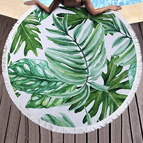 Benefeet Sox Beach Towel Large Round Mandala Pool Towels Tassels Microfiber Quick Dry Beach Blanket Throw Bohemian Roundie Swim Pool Circle Towel, 59 Inches - color: Tropical Palm Leaves